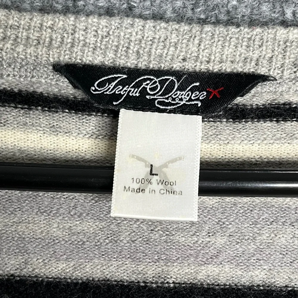 Artful Dodger Mens Grey Striped 100% Wool V-Neck Button Front Cardigan Sweater L